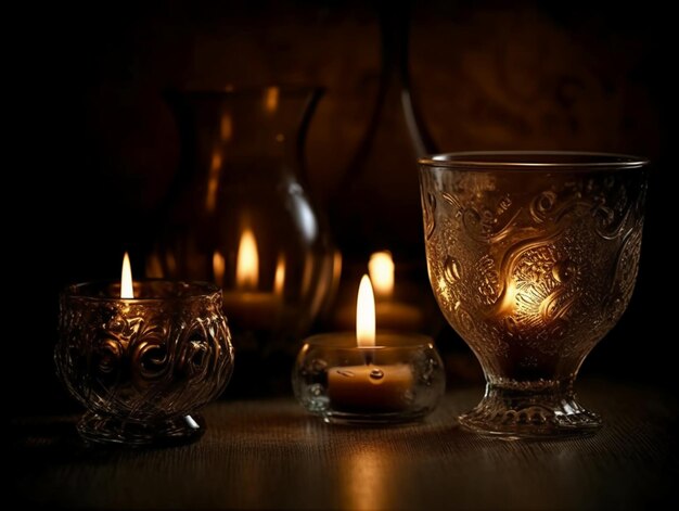 Eine Kerze in einem Glas mit einer Kerze im Hintergrund