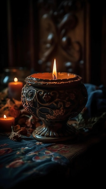 Eine Kerze in einem Kerzenhalter mit einer Kerze in der Mitte.