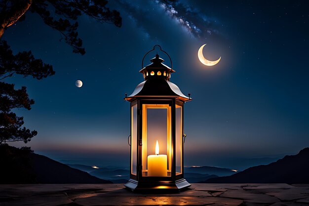 eine Kerze in einer Laterne mit einem Mond im Hintergrund