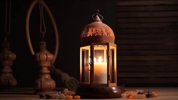 Eine Kerze in einer Laterne mit einer Kerze im Hintergrund Ramadan Mubarak und Eid Mubarak-Konzept