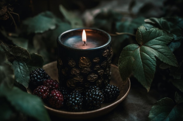 Eine Kerze in einer Schüssel mit Brombeeren