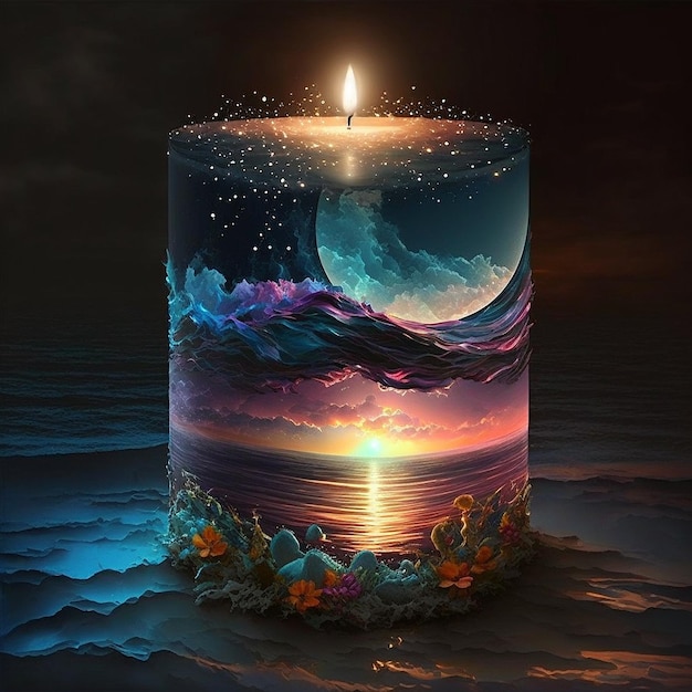 Eine Kerze mit einem Bild einer Welle darauf
