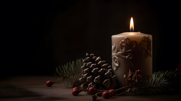 Eine Kerze mit Weihnachtsbaum und Beeren auf dem Tisch