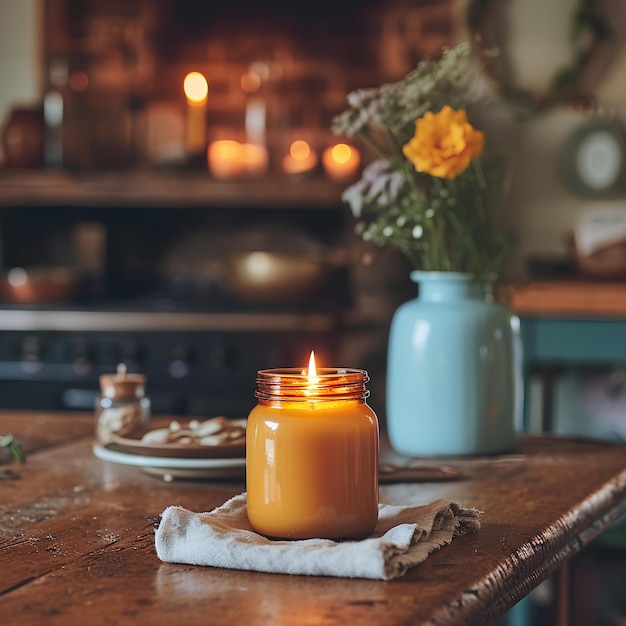 Eine Kerze sitzt auf einem Tisch mit einer Serviette darauf und einer Vase mit Blumen im Hintergrund