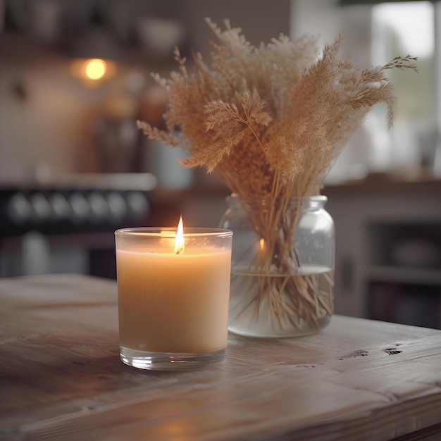 Eine Kerze sitzt auf einem Tisch neben einer Vase mit einer Pflanze und einem Glaskrug mit einer Kerze drin