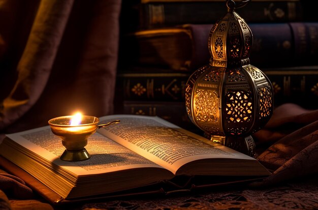 Eine Kerze und eine Kerze stehen neben zwei brennenden Büchern