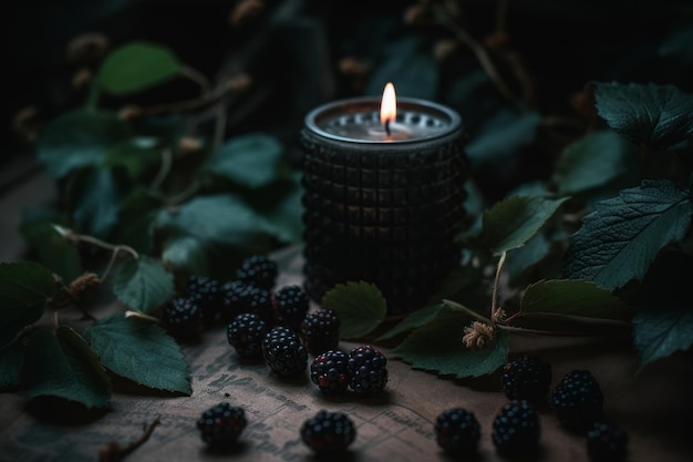 Eine Kerze vor einem Strauß Brombeeren