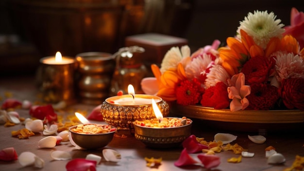 Eine Kerze wird auf einem Tisch mit Blumen und Blumen angezündet.
