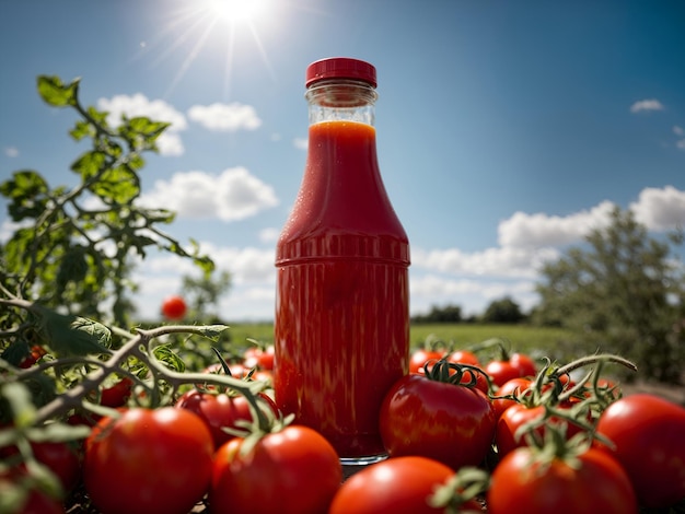 Foto eine ketchupflasche steht unter einem klaren blauen himmel inmitten von frischen tomaten hervorragend