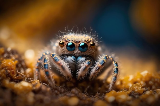 Eine KI-generierte Abbildung einer springenden Spinne auf einer gelben Blume, deren winziger Körper und Beine deutlich sichtbar sind