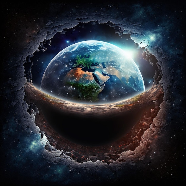 Eine KI-generierte Illustration des blauen Planeten Globus im Kosmos