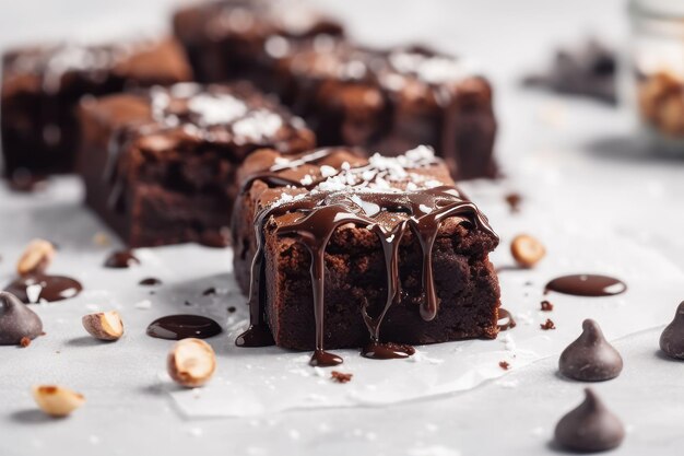 Eine KI-generierte Illustration von frisch gebackenen Schokoladen-Brownies, die auf einem Tisch angeordnet sind