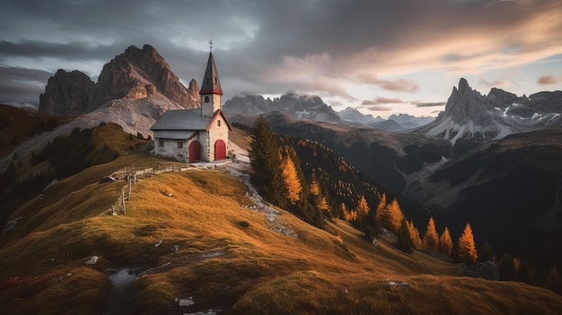 Eine Kirche auf einem Berg mit einem Berg im Hintergrund