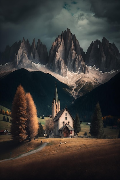 Eine Kirche auf einem Feld mit Bergen im Hintergrund