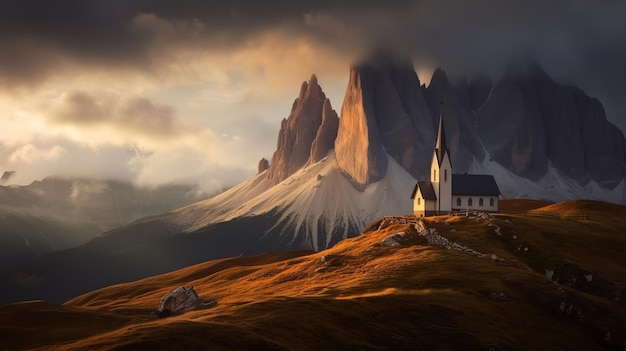 Eine Kirche auf einem Hügel mit Bergen im Hintergrund
