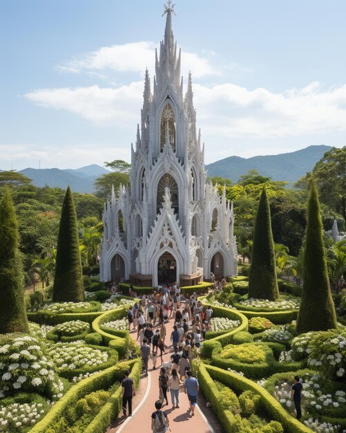 Foto eine kirche mit blick auf die berge im hintergrund.