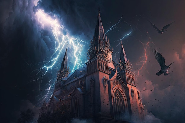 Eine Kirche mit Blitz und eine Kirche im Hintergrund