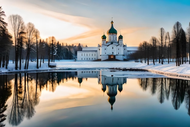 Eine Kirche mit der Spiegelung eines Sees im Wasser.