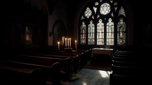 Eine Kirche mit einem Buntglasfenster und brennenden Kerzen.