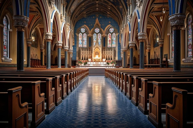 eine Kirche mit einem Buntglasfenster und einer Uhr an der Wand.