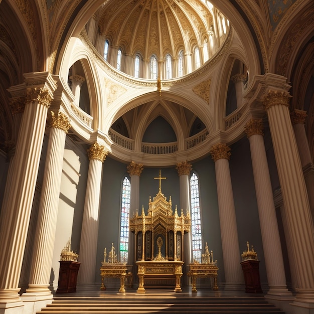 Eine Kirche mit einem großen Altar und einem Buntglasfenster.