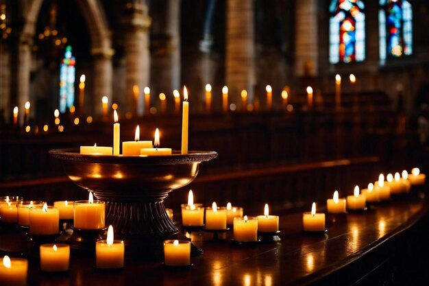 eine Kirche mit einem Haufen von Kerzen, die angezündet wurden