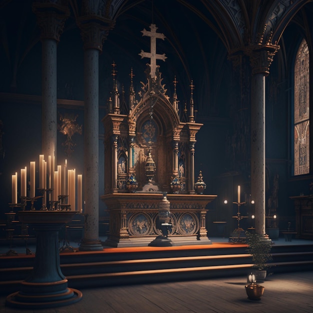 Eine Kirche mit einem Kreuz auf dem Altar