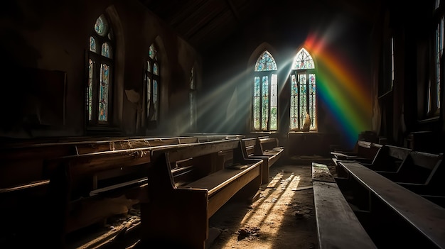 Eine Kirche mit einem Regenbogen im Fenster