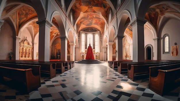 Eine Kirche mit einem roten Umhang in der Mitte