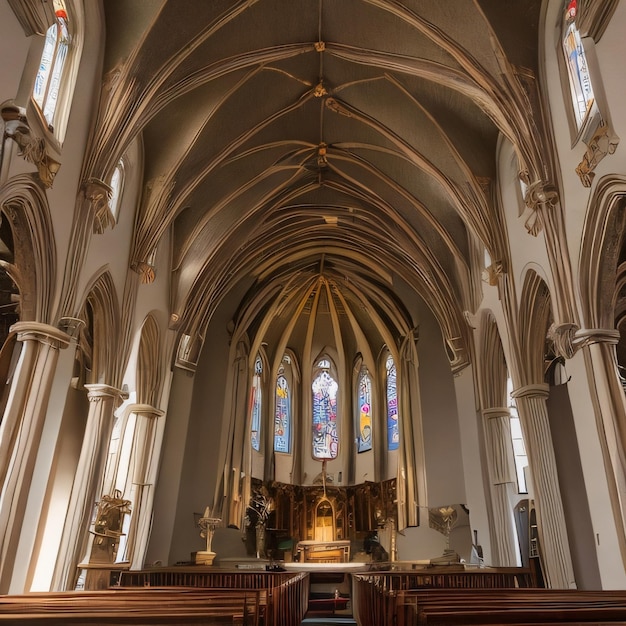 Eine Kirche mit einer großen Kirche mit einem Buntglasfenster