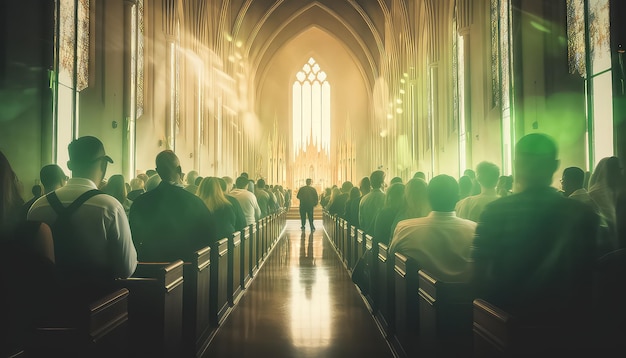 Eine Kirche mit Gemeindemitgliedern und ein magisches grünes Licht Konzept St.Patrick's Day