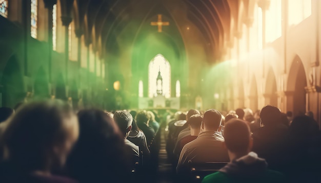 Eine Kirche mit Gemeindemitgliedern und ein magisches grünes Licht Konzept St. Patrick's Day