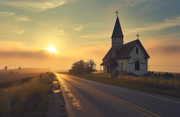 eine Kirche neben einer leeren Straße bei Sonnenaufgang