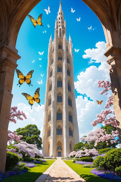 Eine Kirche, um die herum Schmetterlinge fliegen