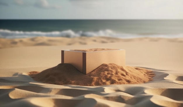Eine Kiste an einem Strand mit dem Wort Strand darauf
