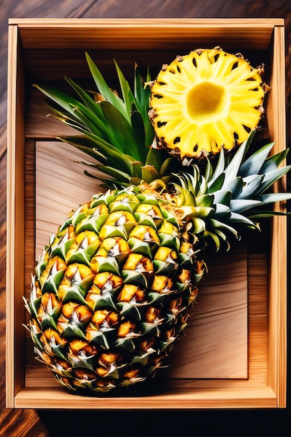 eine Kiste Ananas isoliert auf Wodeen-Hintergrund