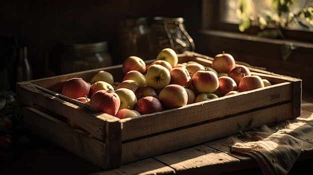 Eine Kiste mit Äpfeln steht auf einem Tisch in einer rustikalen Umgebung.