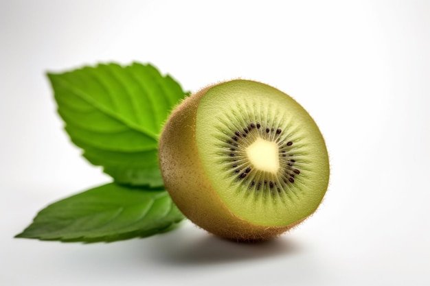 Eine Kiwi mit einem grünen Blatt und dem Wort Kiwi darauf