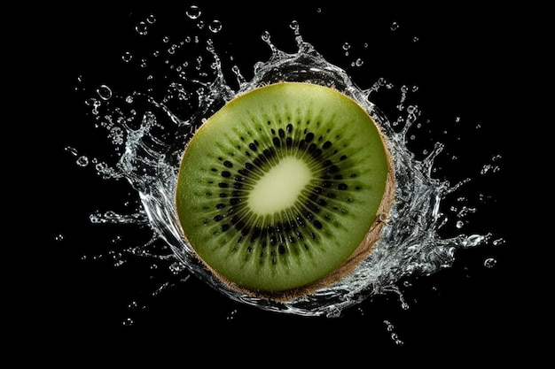 Eine Kiwi wird ins Wasser gespritzt.