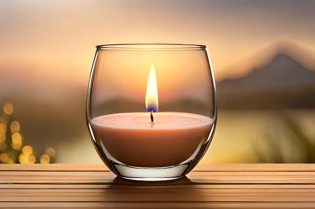 Eine klare Glasschale mit aromatischen Kerzen auf einem Holztisch