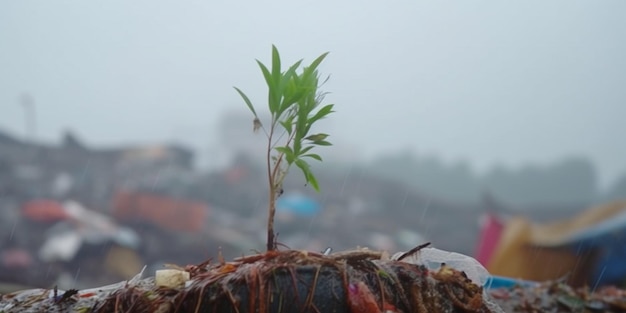 Foto eine kleine baumpflanze wächst aus kontaminiertem boden, schrottplatz, müllberg, generative ki