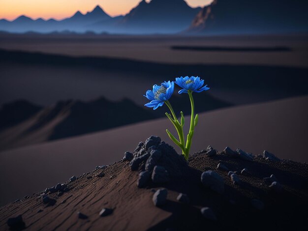 Eine kleine blaue Blume, die am Rande eines Marsberges sprießt