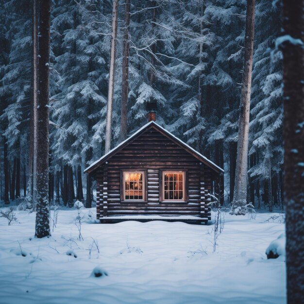 Foto eine kleine blockhütte in der mitte eines verschneiten waldes ai