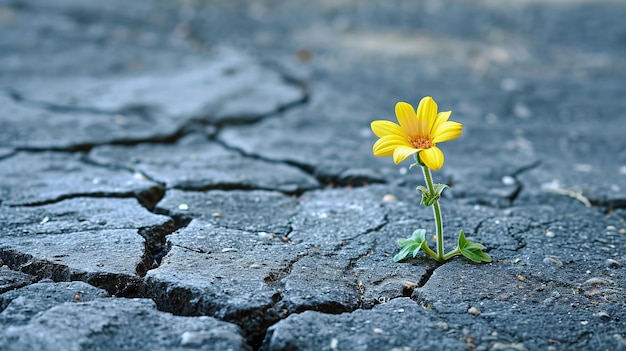 Foto eine kleine blume, die in einer spalte in der fahrbahn wächst, mit einem großkopierraum aus der nähe generative ki