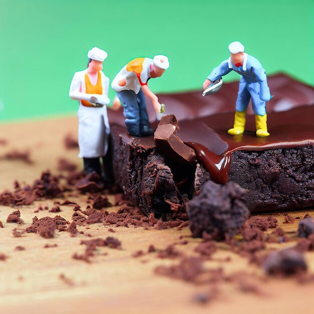 Foto eine kleine figur eines mannes, der ein stück schokolade ausgräbt.