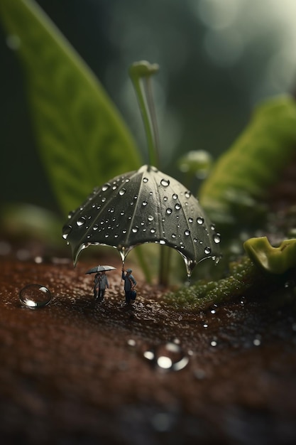 Eine kleine Figur steht unter einem Regenschirm mit Wassertropfen darauf.