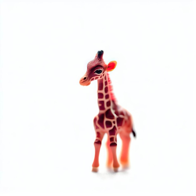 Eine kleine Giraffe steht vor einem weißen Hintergrund.