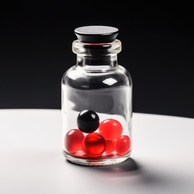 Eine kleine Glasflasche mit roten Pillen auf weißer Oberfläche