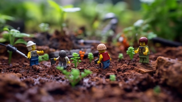 Eine kleine Gruppe von Menschen in einem Garten mit einem Baum und einem Gebäude im Hintergrund.