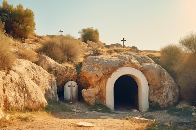 eine kleine Höhle mit einem Kreuz darauf